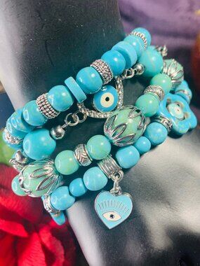 One-Of-A-Kind Evil Eye Charm, Magnesite, Heishi Turquoise & Pewter Bracelet